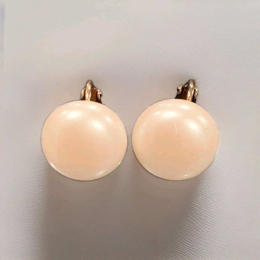 True Vintage Large Cream Faux Pearl Clip On Earrings Gold Tone Round Button MCM